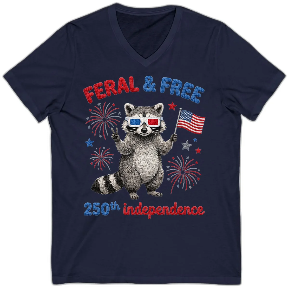 Feral And Free Raccoon 250th Independence Day V-Neck in Navy