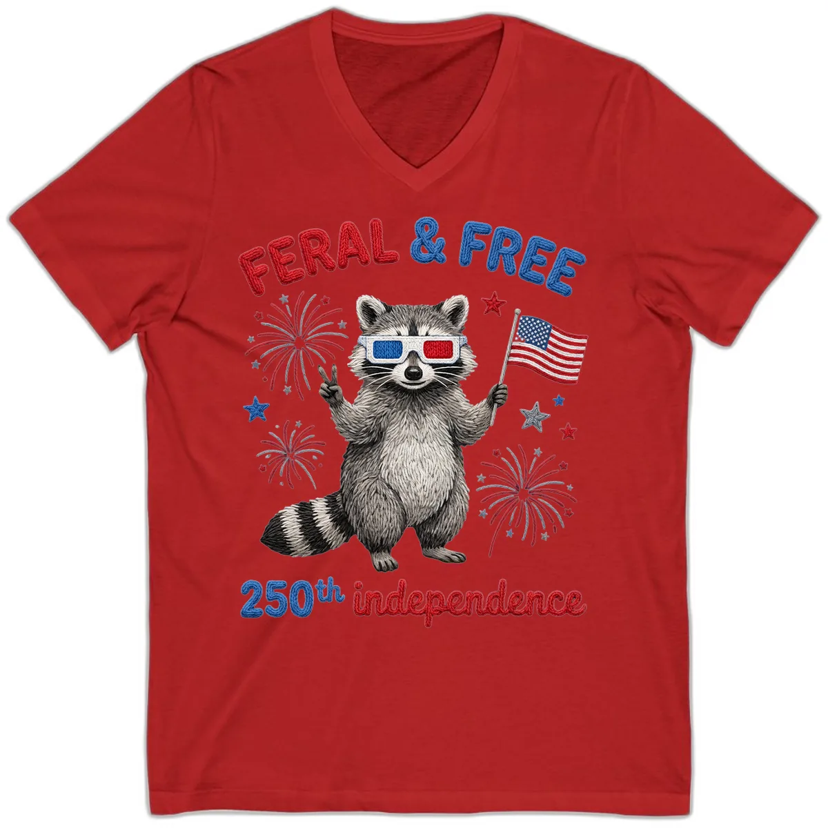 Feral And Free Raccoon 250th Independence Day V-Neck in Red