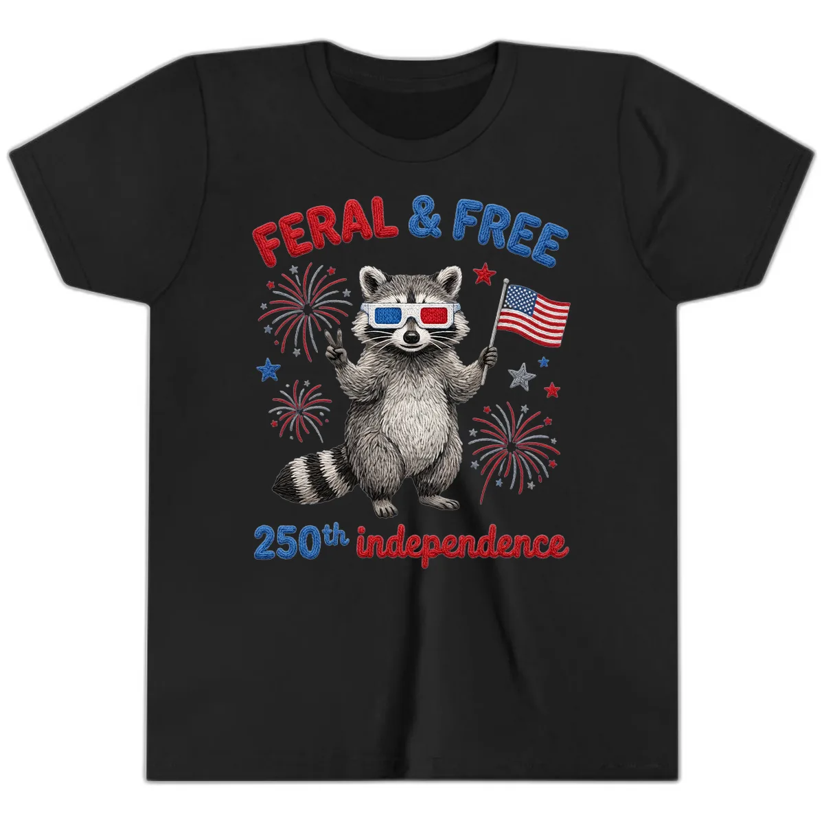 Feral And Free Raccoon 250th Independence Day Youth T-Shirt in Black