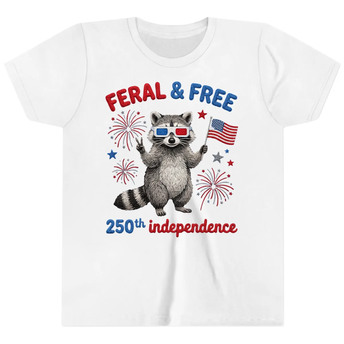 Feral And Free Raccoon 250th Independence Day Youth T-Shirt in White