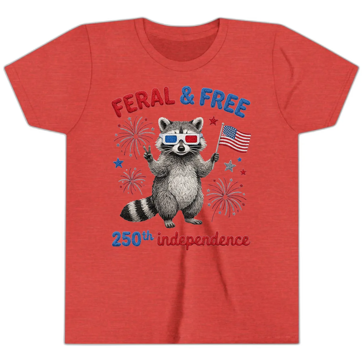 Feral And Free Raccoon 250th Independence Day Youth T-Shirt in Heather Red