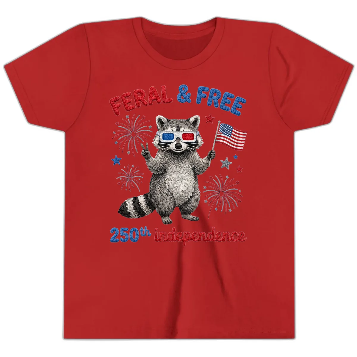 Feral And Free Raccoon 250th Independence Day Youth T-Shirt in Red