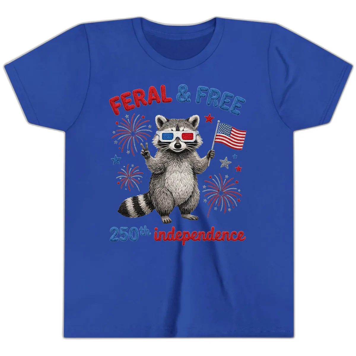 Feral And Free Raccoon 250th Independence Day Youth T-Shirt in True Royal