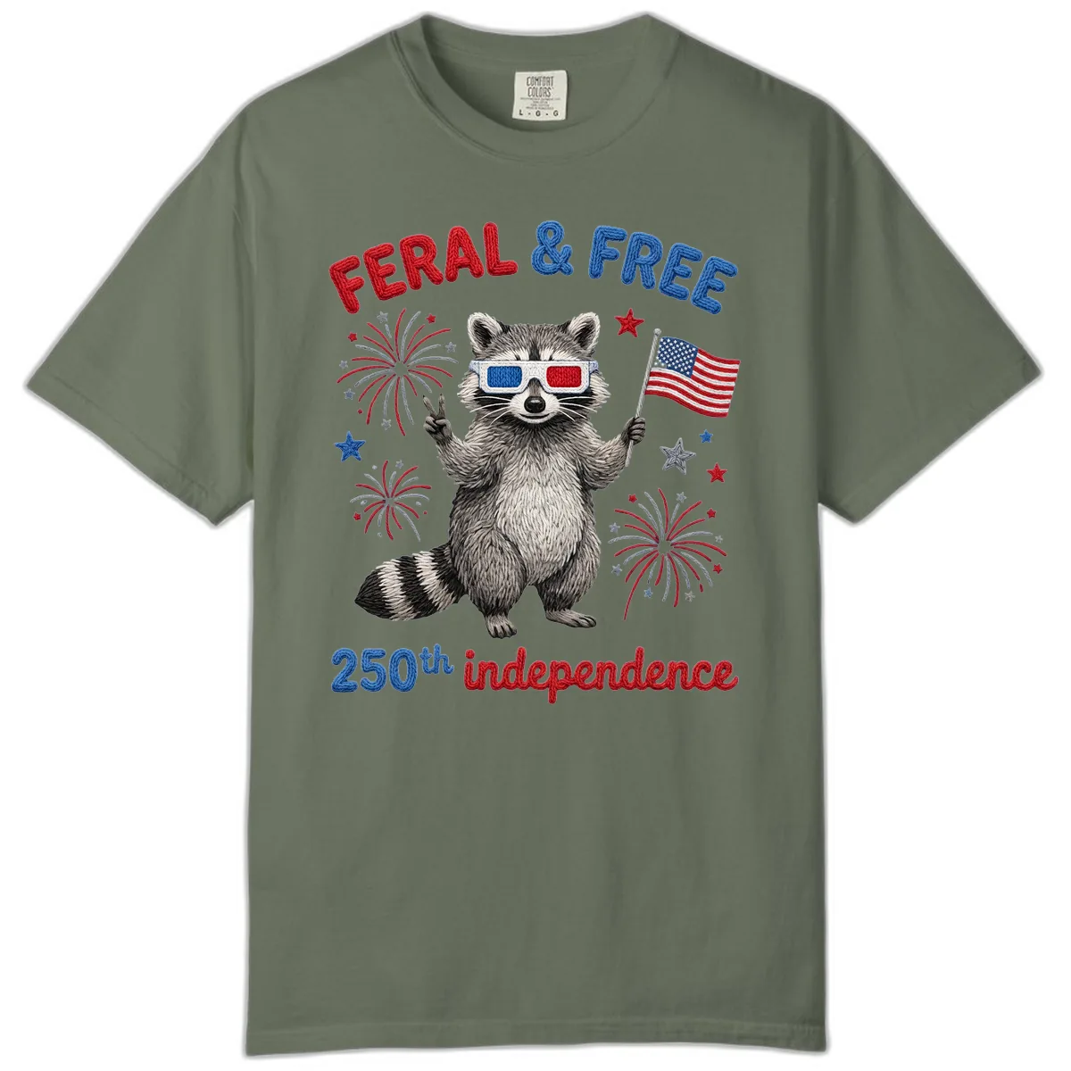 Feral & Free Raccoon 250th Independence Celebration Comfort Color in Moss