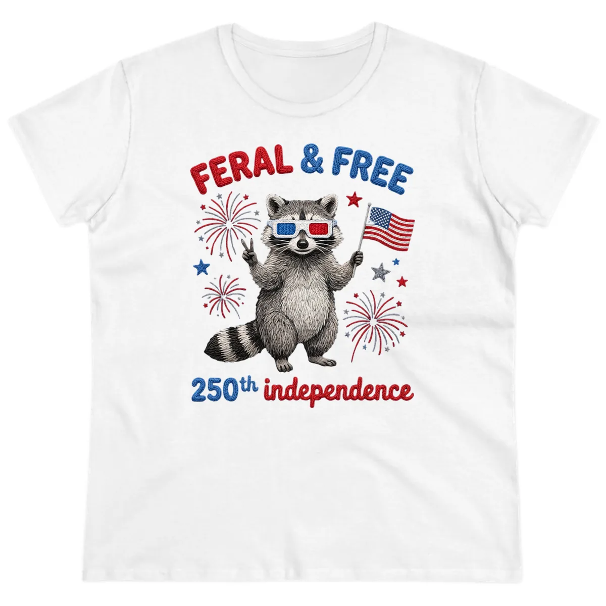 Feral & Free Raccoon 250th Independence Celebration Ladies Tee in White