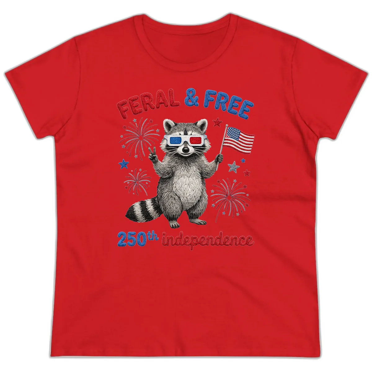 Feral & Free Raccoon 250th Independence Celebration Ladies Tee in Red