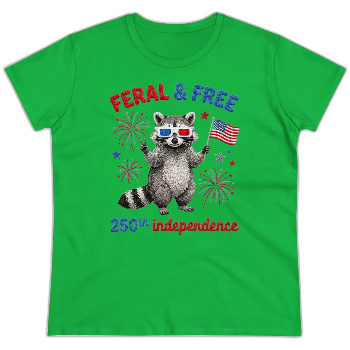 Feral & Free Raccoon 250th Independence Celebration Ladies Tee in Irish Green