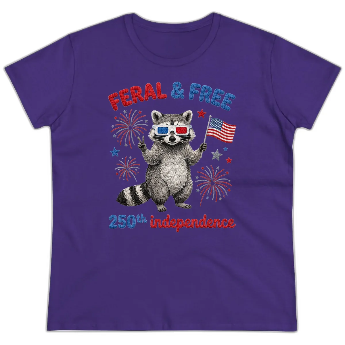 Feral & Free Raccoon 250th Independence Celebration Ladies Tee in Purple