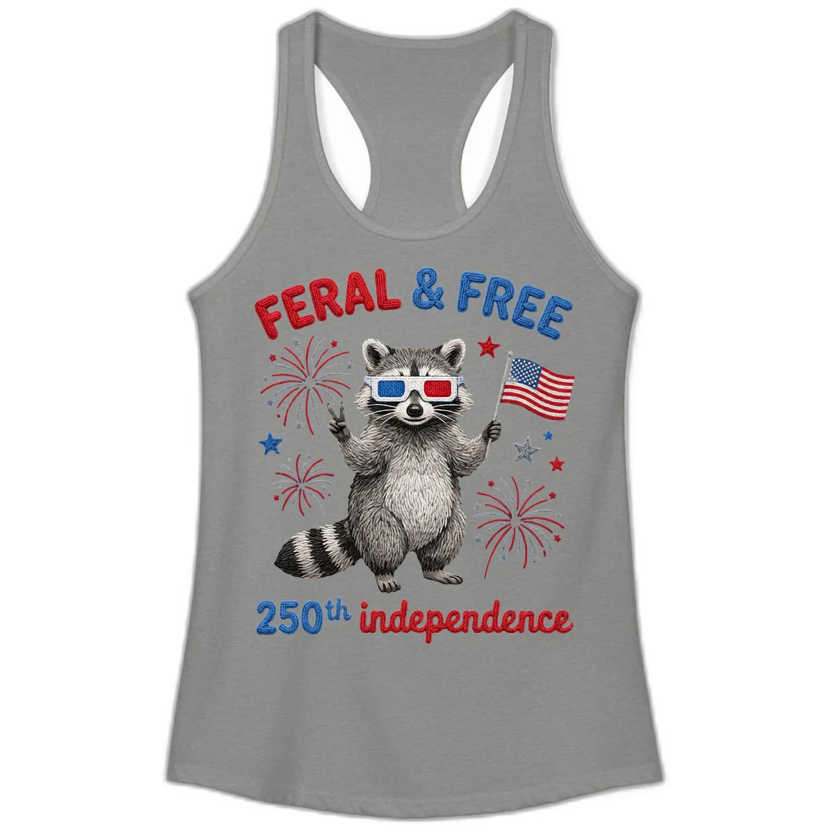Feral & Free Raccoon 250th Independence Celebration Ladies Tank in Heather Grey