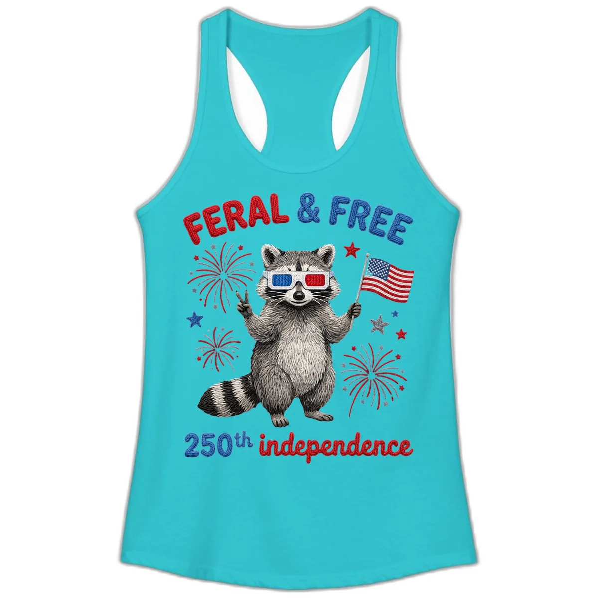 Feral & Free Raccoon 250th Independence Celebration Ladies Tank in Solid Tahiti Blue