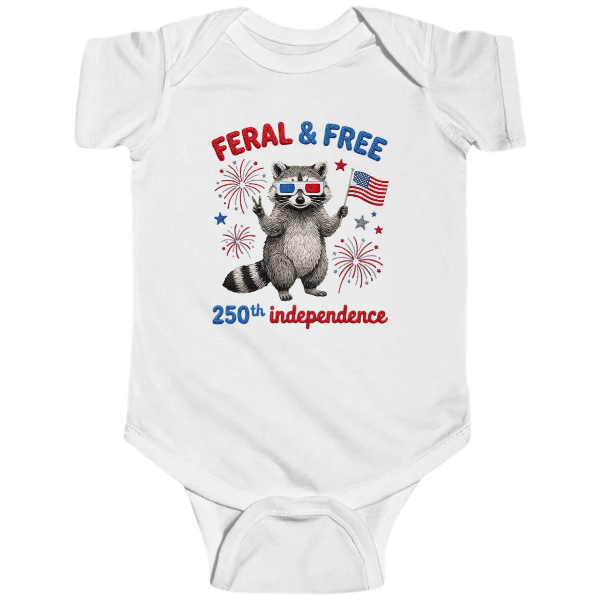 Feral & Free Raccoon 250th Independence Celebration Baby Onesie in White