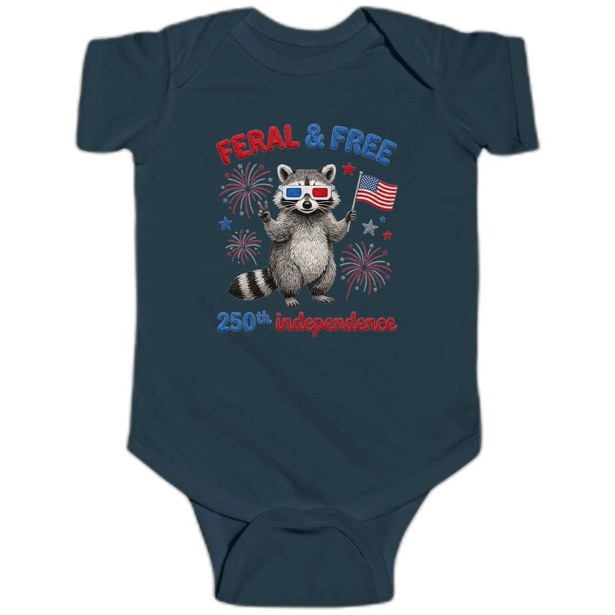 Feral & Free Raccoon 250th Independence Celebration Baby Onesie in Navy