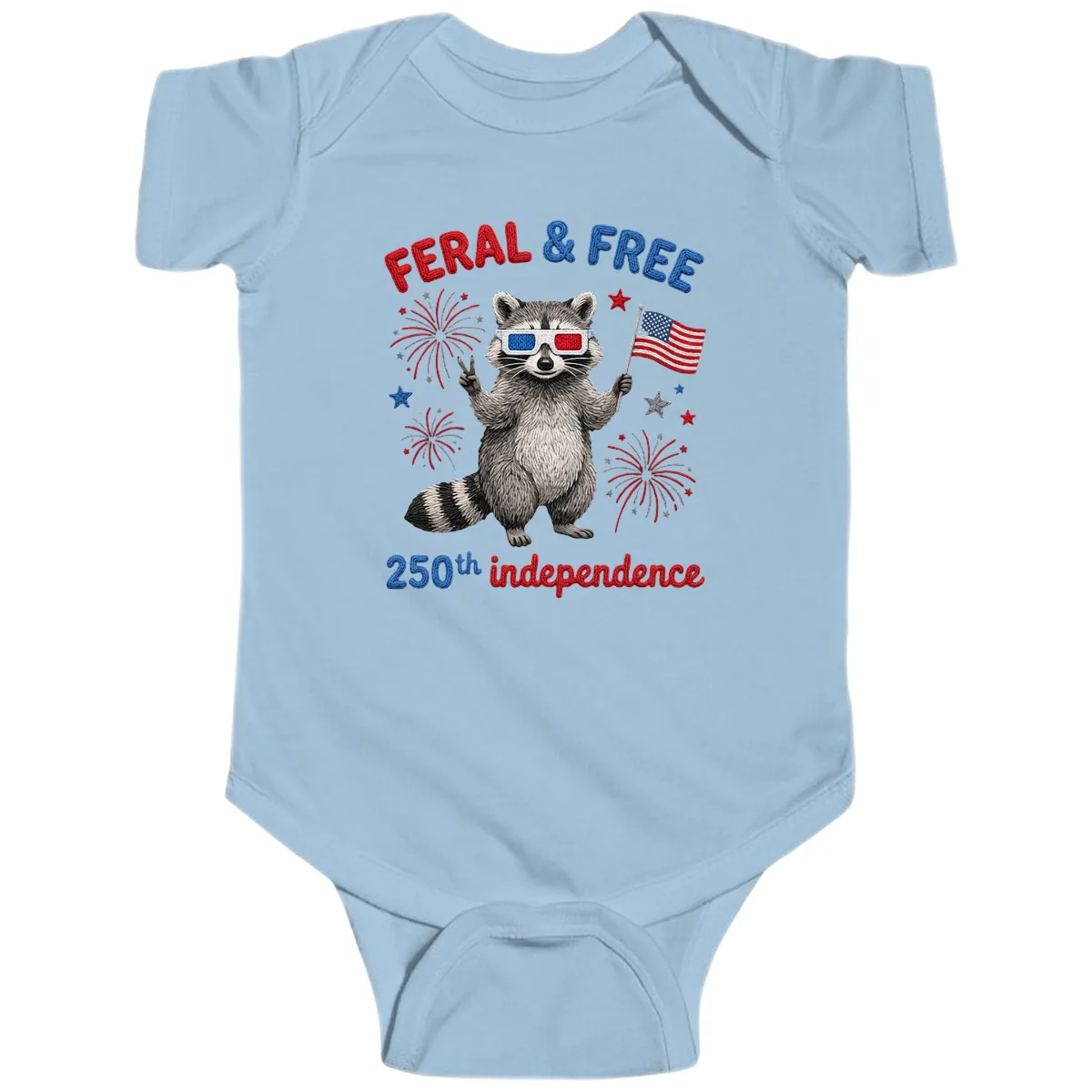 Feral & Free Raccoon 250th Independence Celebration Baby Onesie in Light Blue