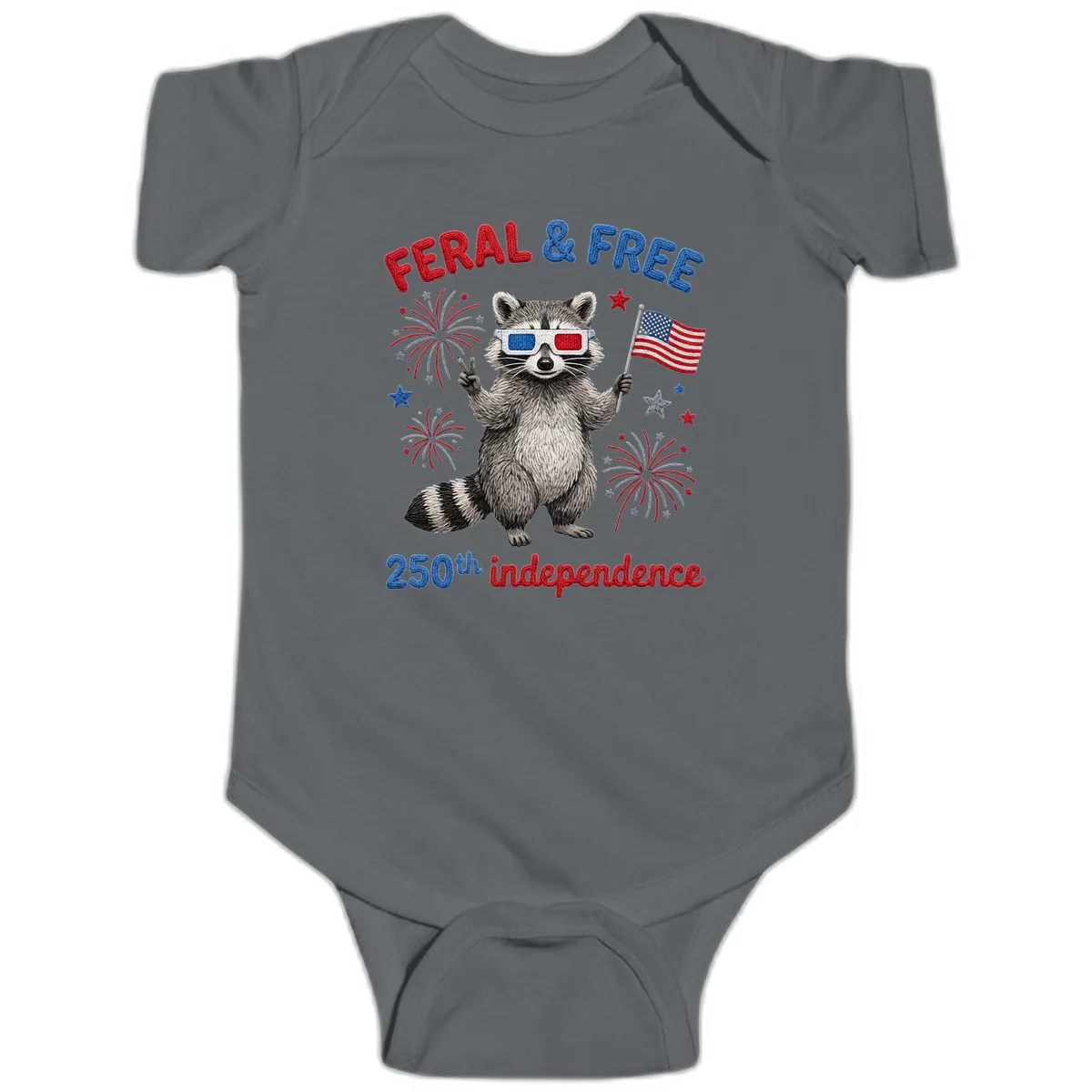 Feral & Free Raccoon 250th Independence Celebration Baby Onesie in Charcoal