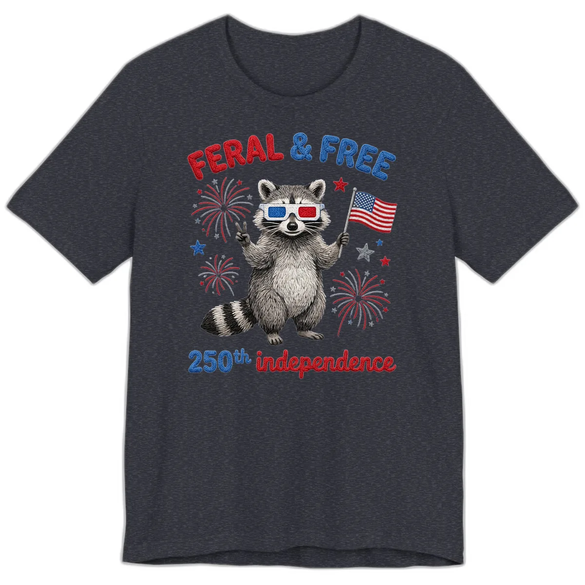 Feral & Free Raccoon 250th Independence Celebration Premium T-Shirt in Heather Navy