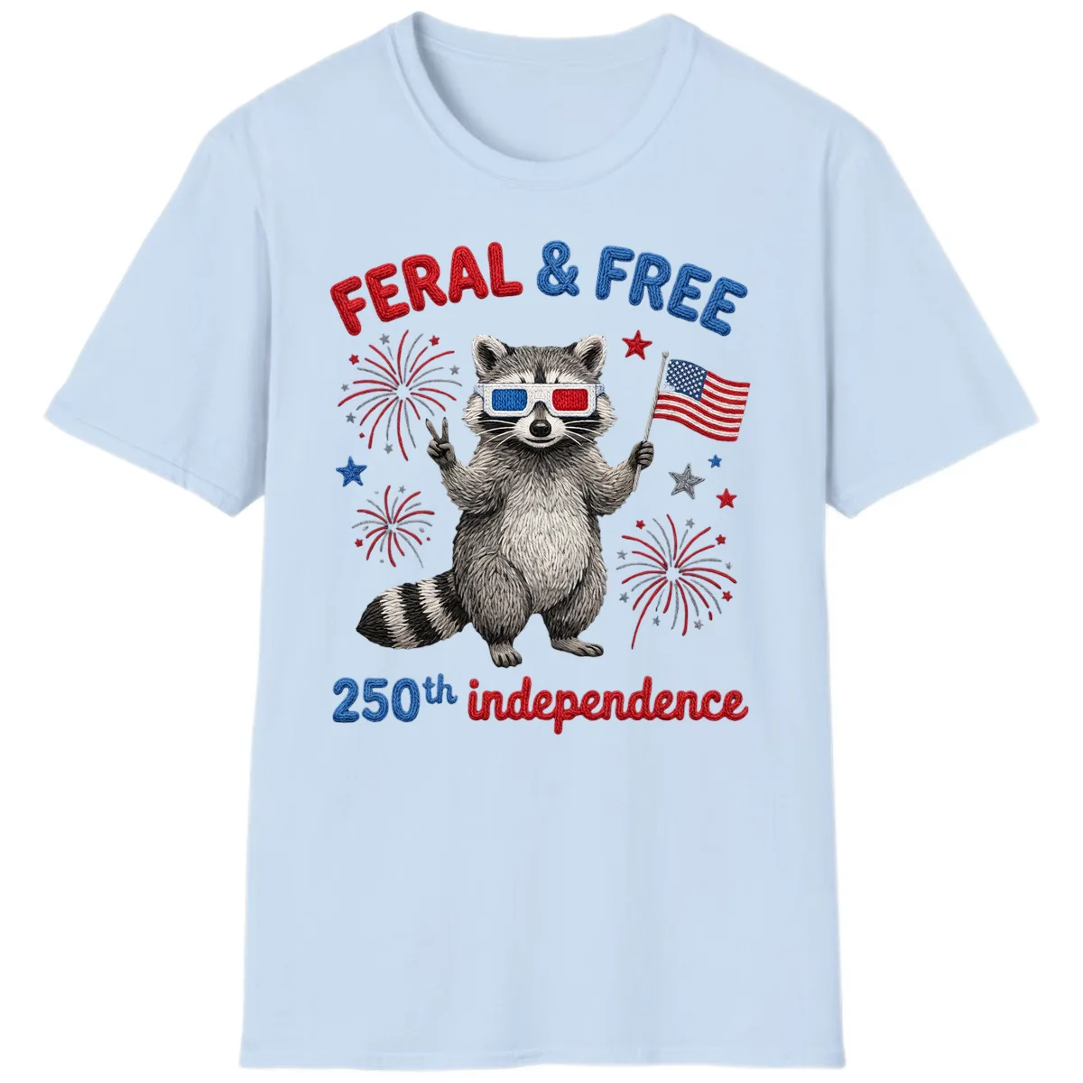 Feral & Free Raccoon 250th Independence Celebration T-Shirt in Light Blue
