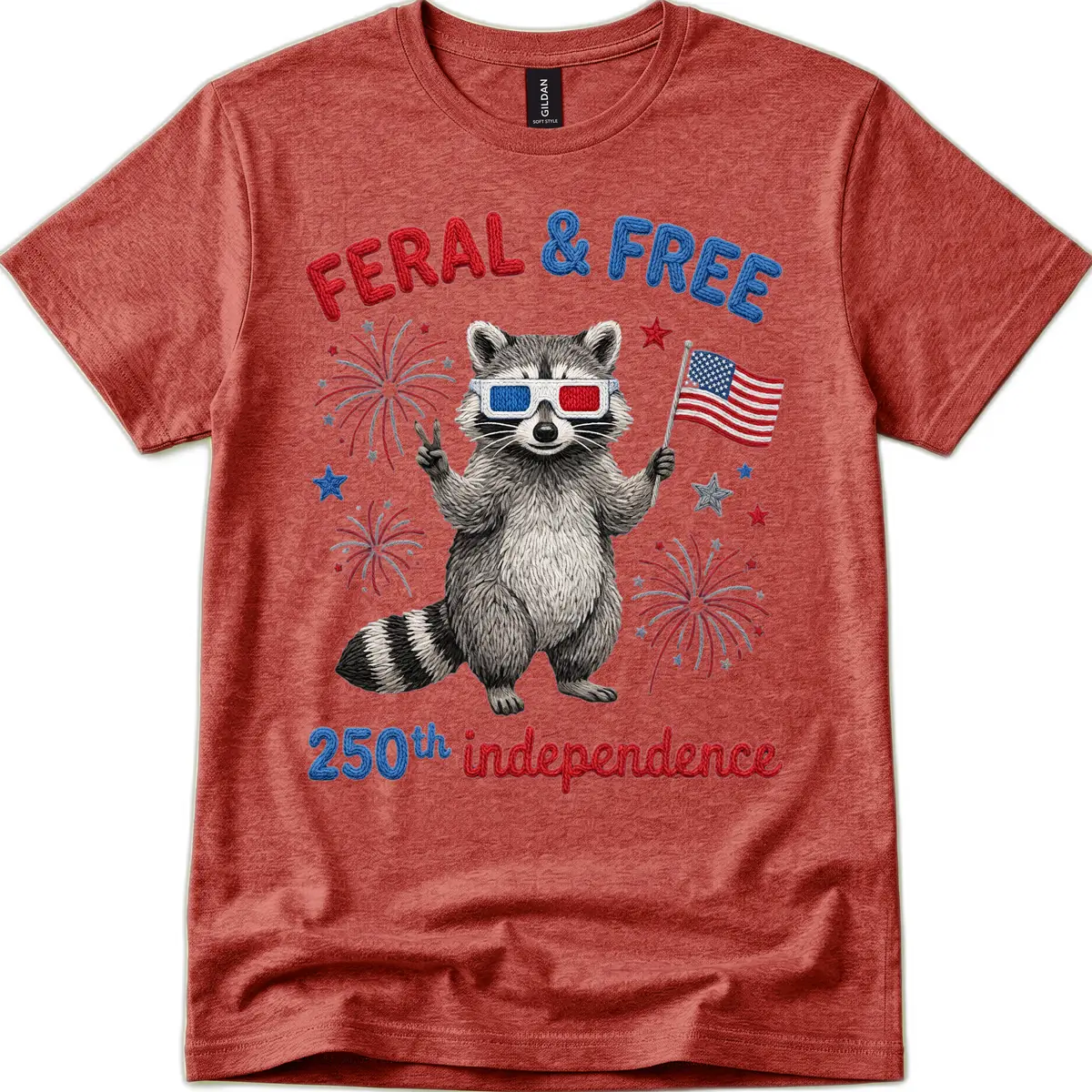Feral & Free Raccoon 250th Independence Celebration T-Shirt in Heather Cardinal