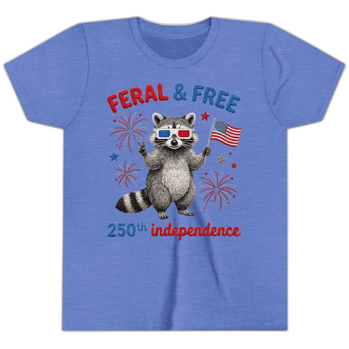 Feral & Free Raccoon 250th Independence Celebration Youth T-Shirt in Heather Columbia Blue