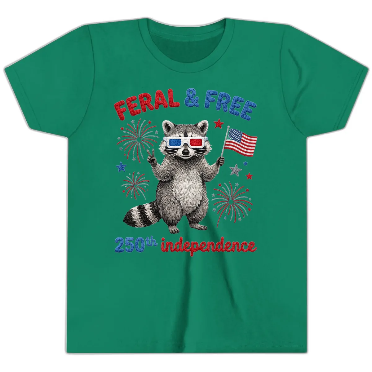 Feral & Free Raccoon 250th Independence Celebration Youth T-Shirt in Kelly