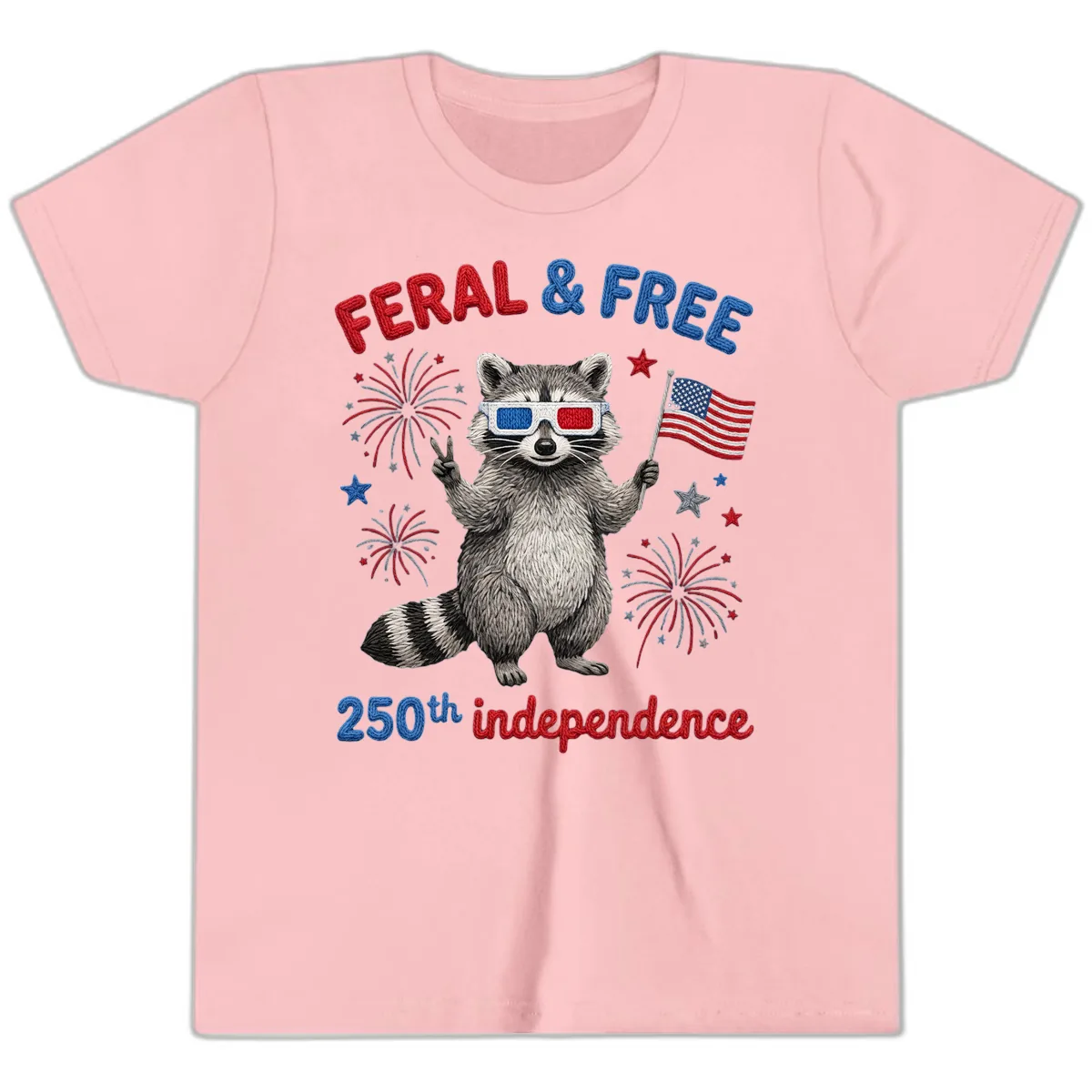 Feral & Free Raccoon 250th Independence Celebration Youth T-Shirt in Pink