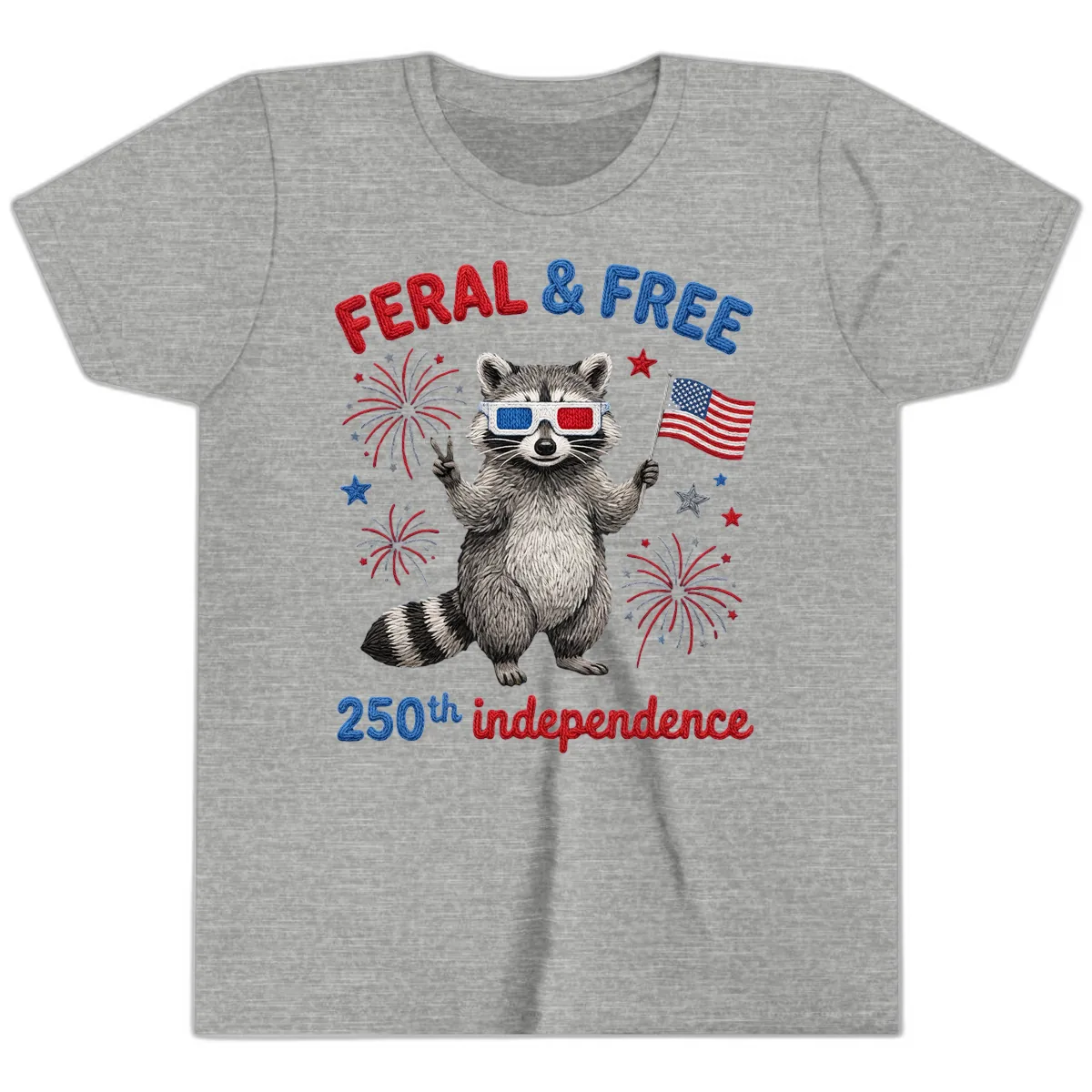 Feral & Free Raccoon 250th Independence Celebration Youth T-Shirt in Athletic Heather