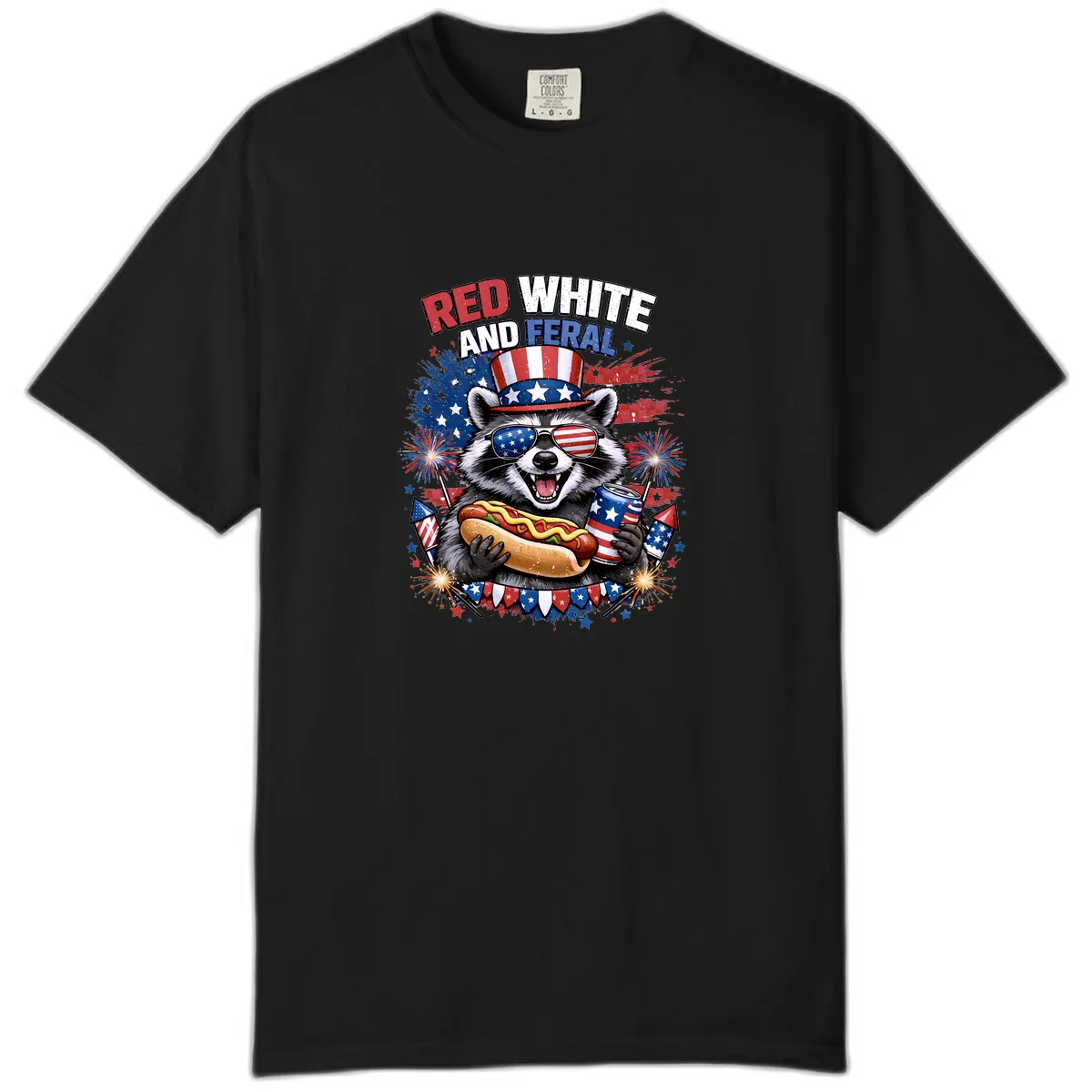 Red White and Feral Raccoon Patriotic Celebration Comfort Color in Black