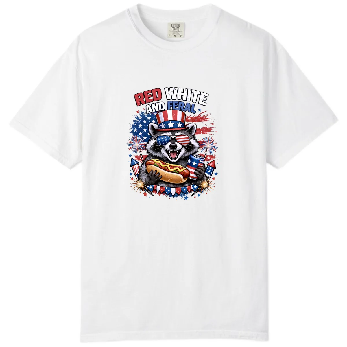 Red White and Feral Raccoon Patriotic Celebration Comfort Color in White
