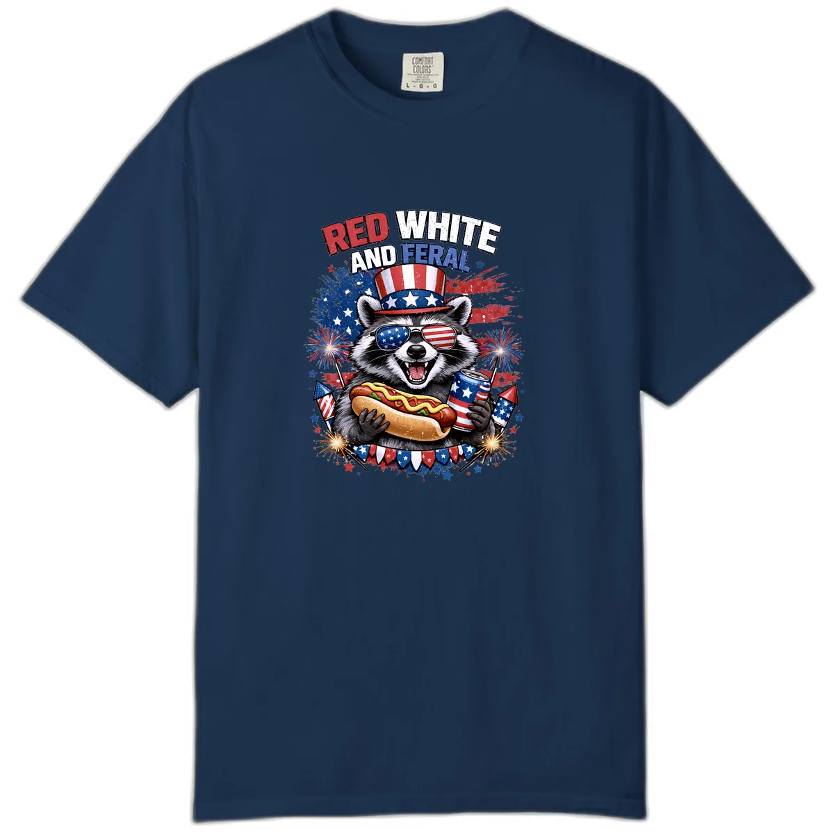 Red White and Feral Raccoon Patriotic Celebration Comfort Color in Navy
