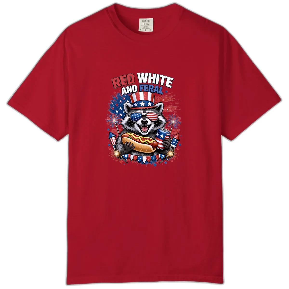 Red White and Feral Raccoon Patriotic Celebration Comfort Color in Red