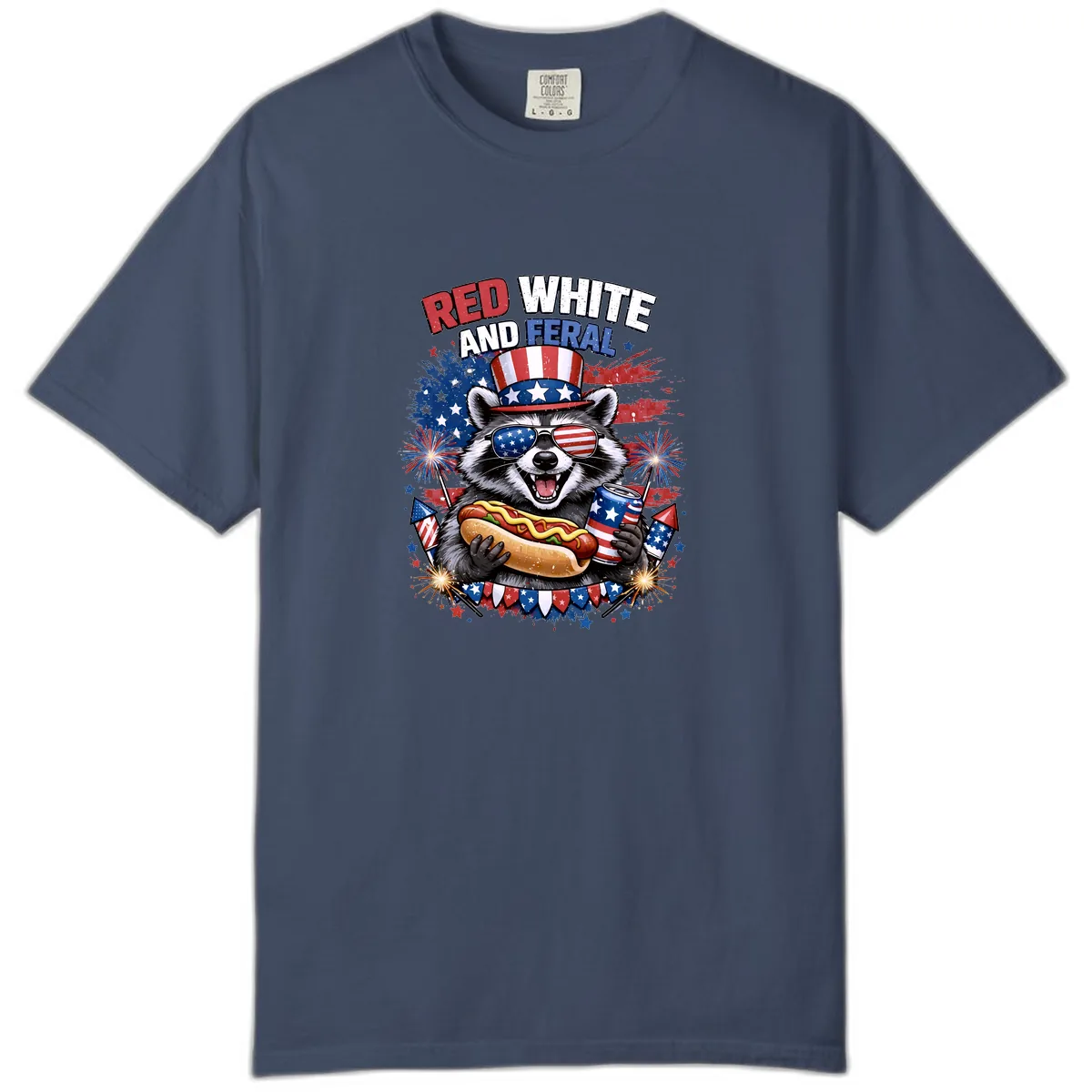 Red White and Feral Raccoon Patriotic Celebration Comfort Color in Midnight