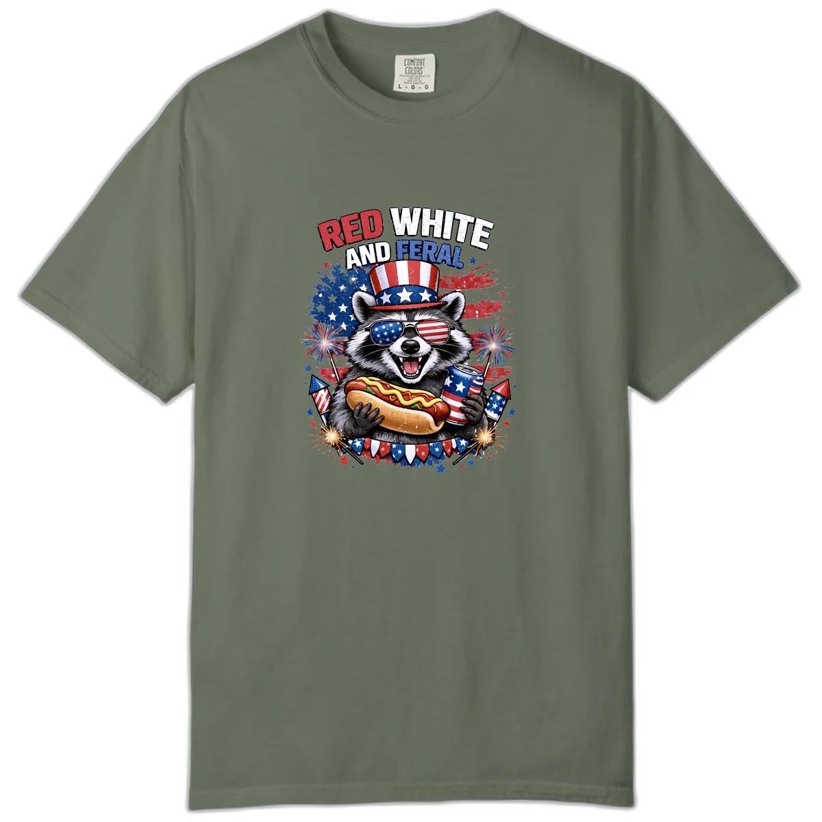 Red White and Feral Raccoon Patriotic Celebration Comfort Color in Moss
