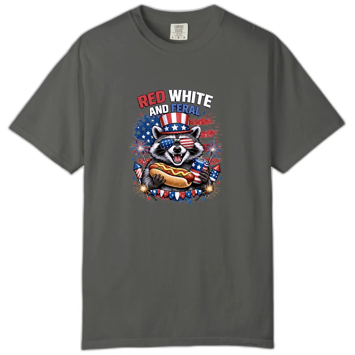 Red White and Feral Raccoon Patriotic Celebration Comfort Color in Pepper