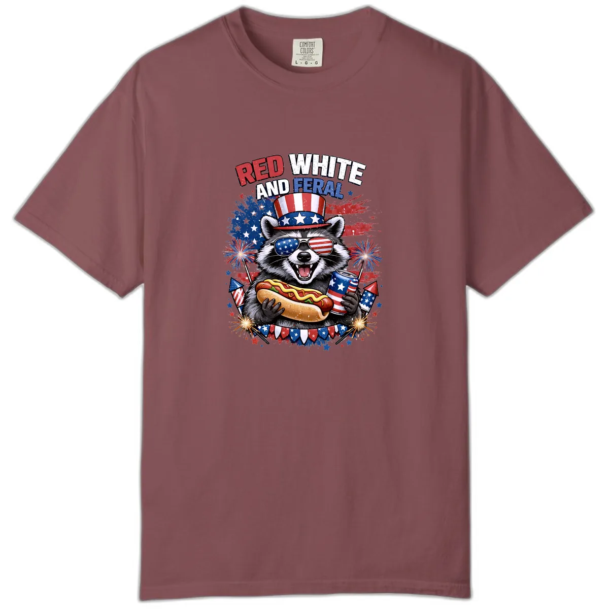 Red White and Feral Raccoon Patriotic Celebration Comfort Color in Brick