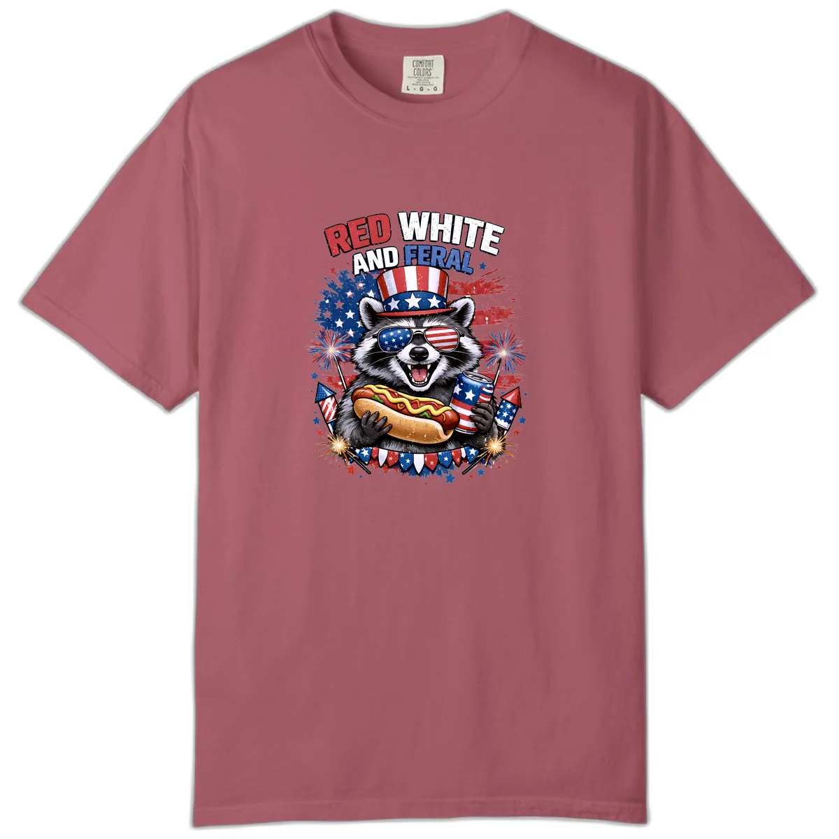 Red White and Feral Raccoon Patriotic Celebration Comfort Color in Crimson