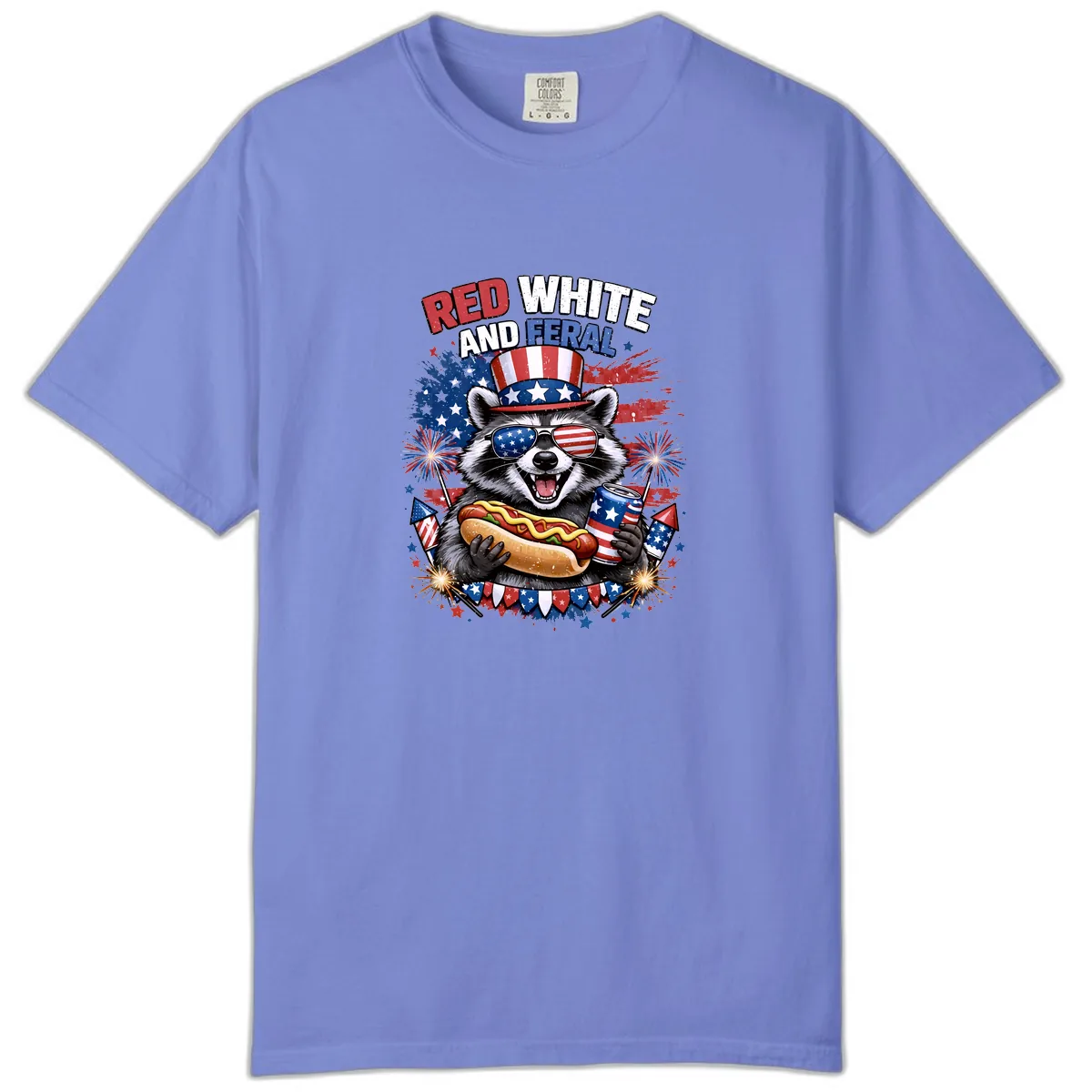 Red White and Feral Raccoon Patriotic Celebration Comfort Color in Flo Blue