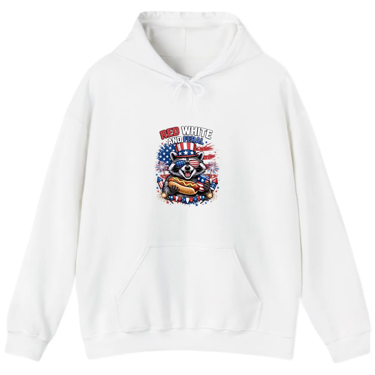 Red White and Feral Raccoon Patriotic Celebration Hoodie in White