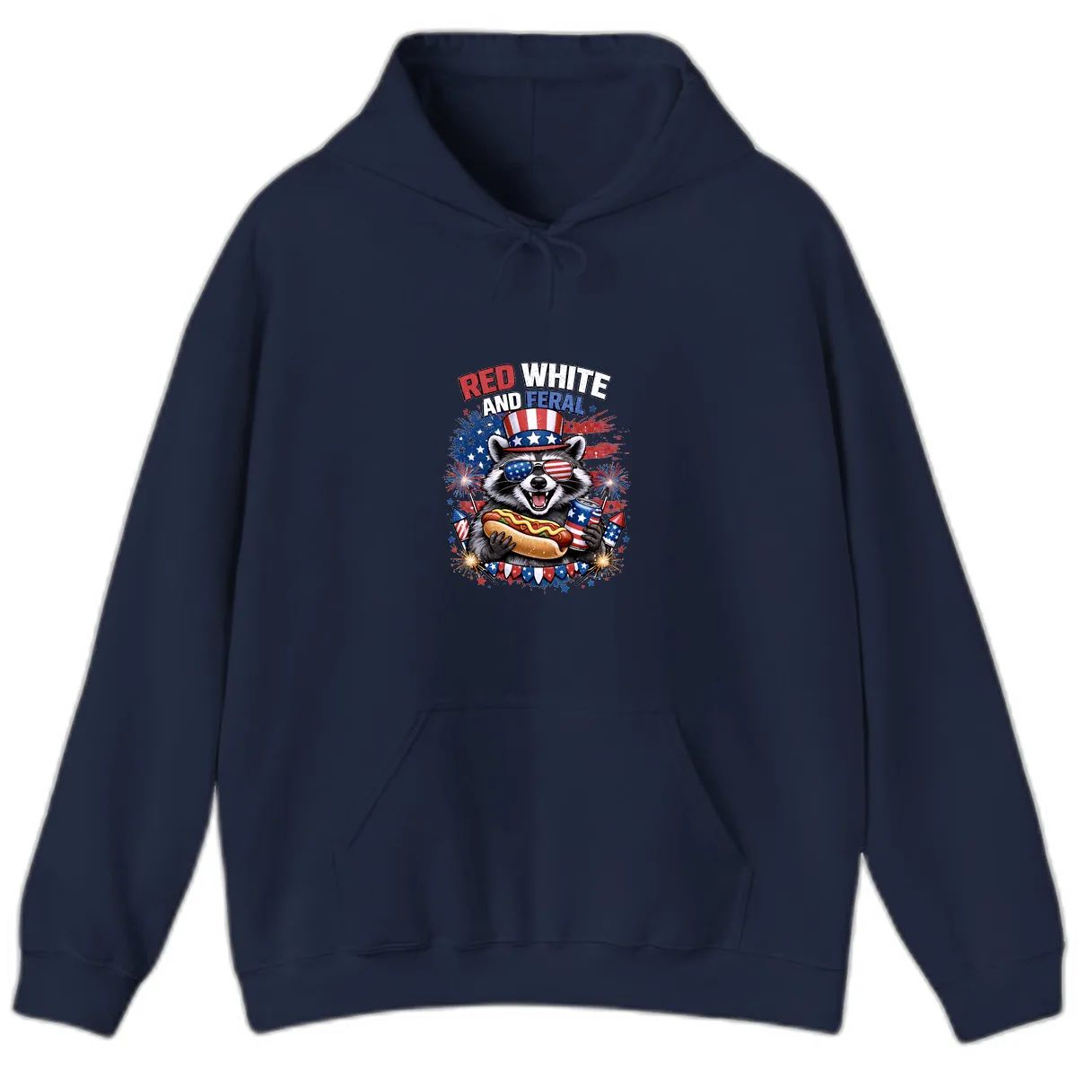 Red White and Feral Raccoon Patriotic Celebration Hoodie in Navy