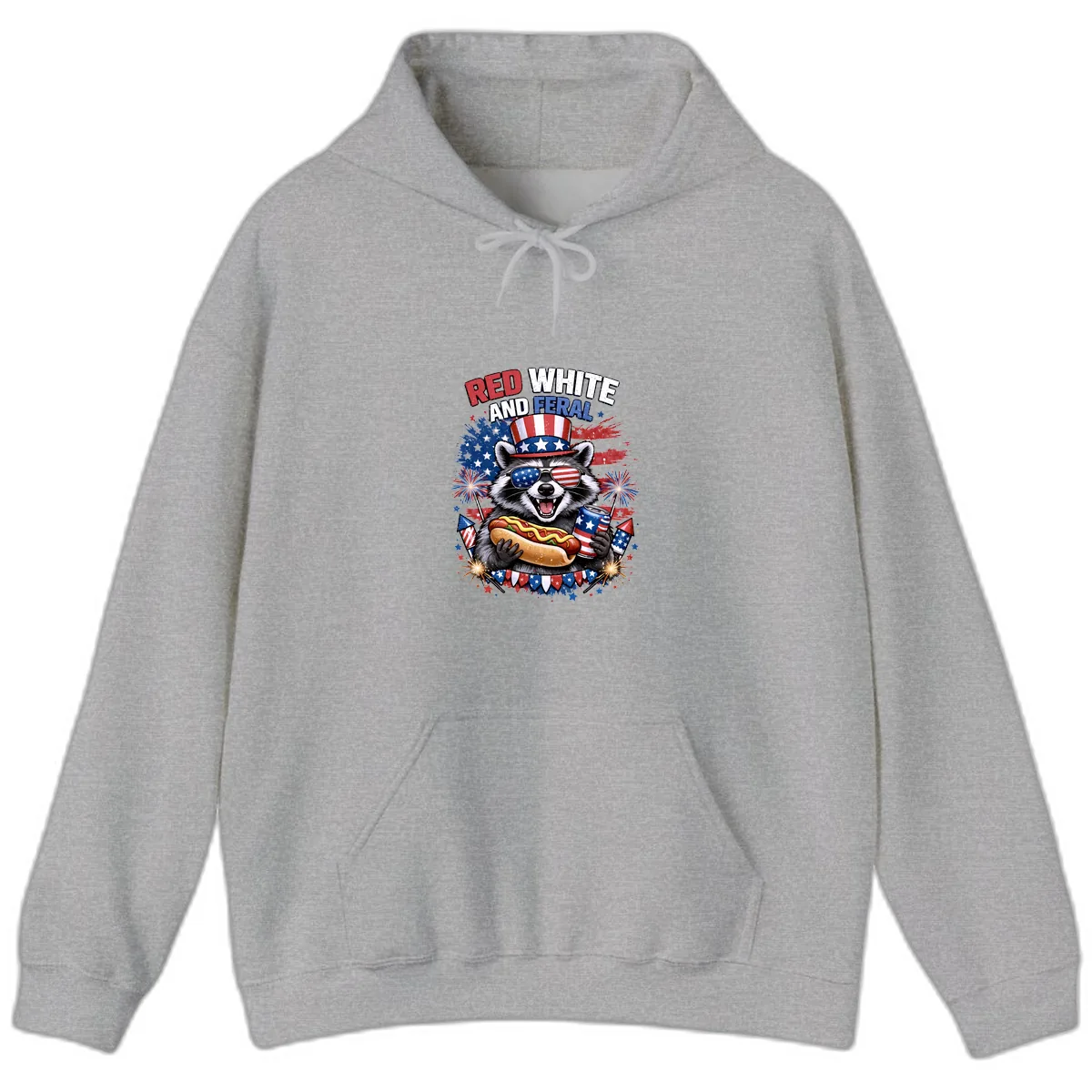 Red White and Feral Raccoon Patriotic Celebration Hoodie in Sport Grey