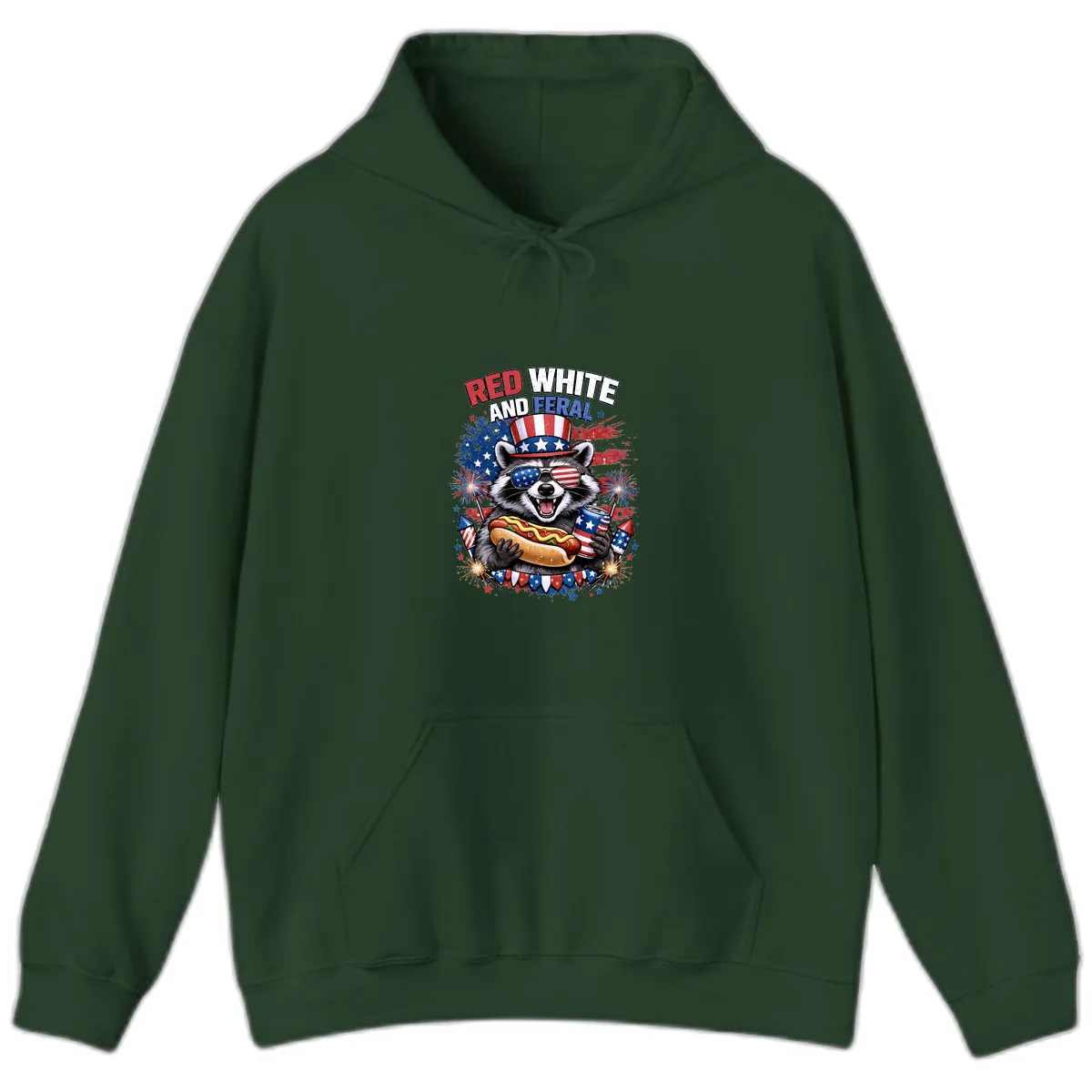 Red White and Feral Raccoon Patriotic Celebration Hoodie in Forest Green