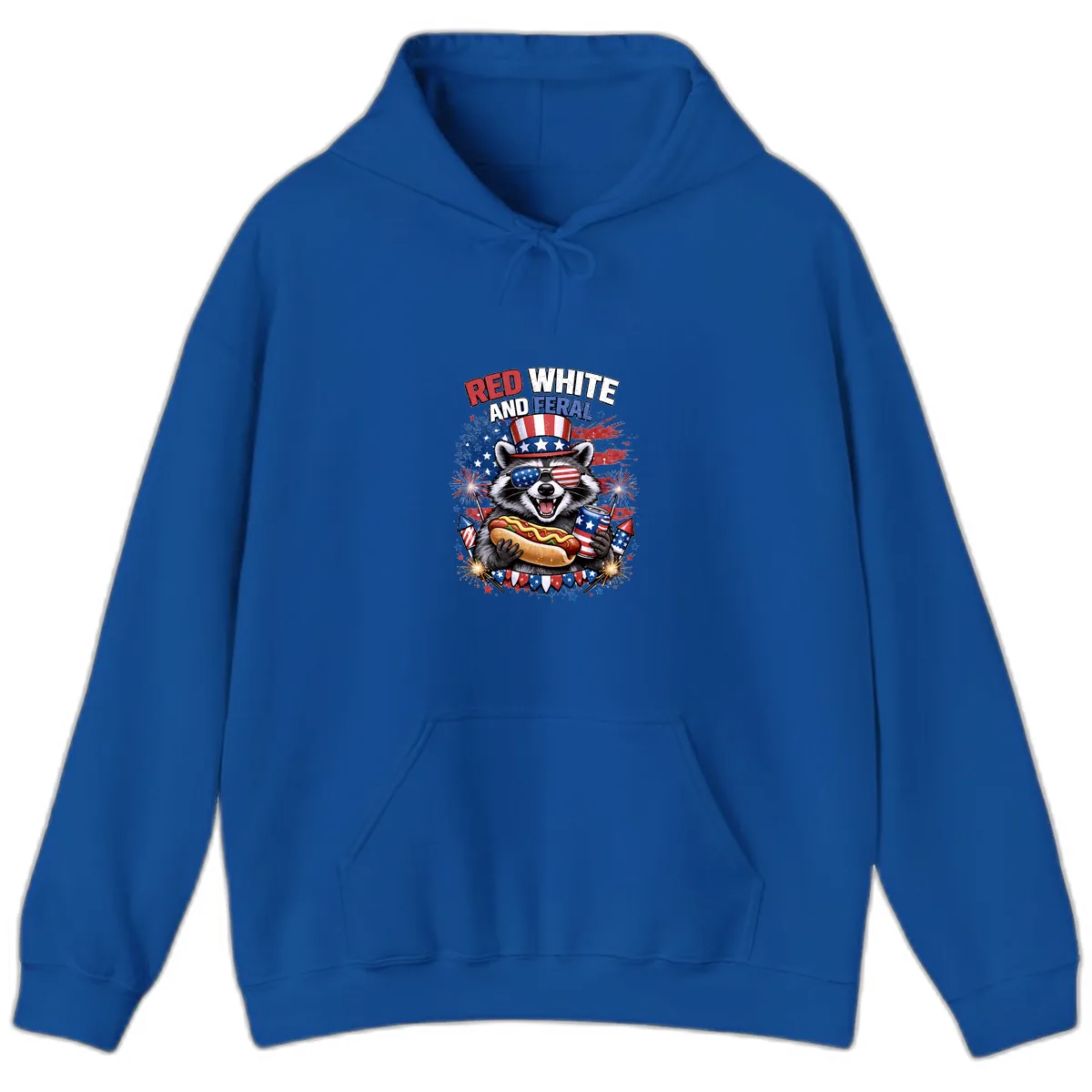 Red White and Feral Raccoon Patriotic Celebration Hoodie in Royal