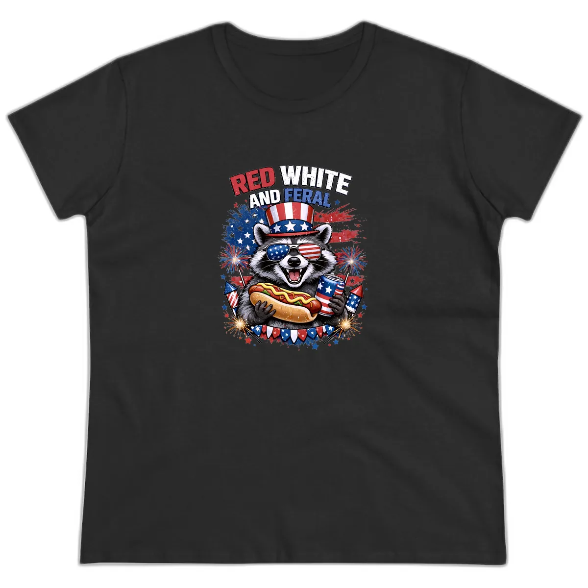 Red White and Feral Raccoon Patriotic Celebration Ladies Tee in Black