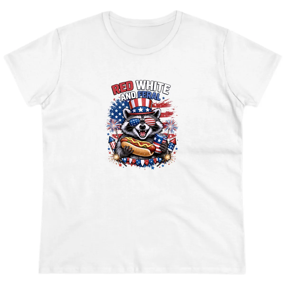Red White and Feral Raccoon Patriotic Celebration Ladies Tee in White