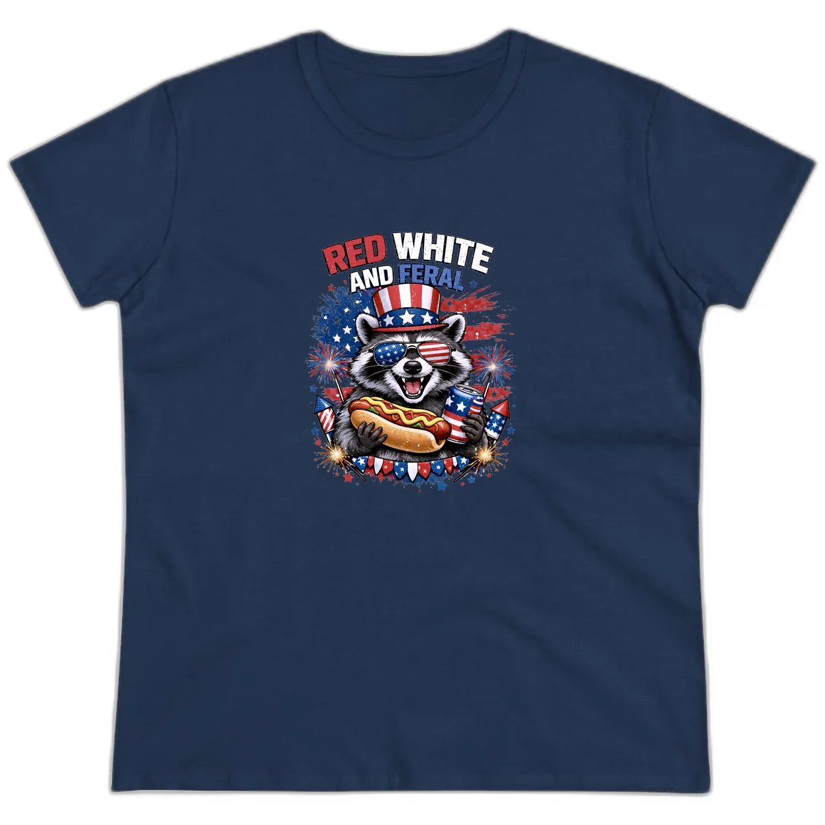 Red White and Feral Raccoon Patriotic Celebration Ladies Tee in Navy