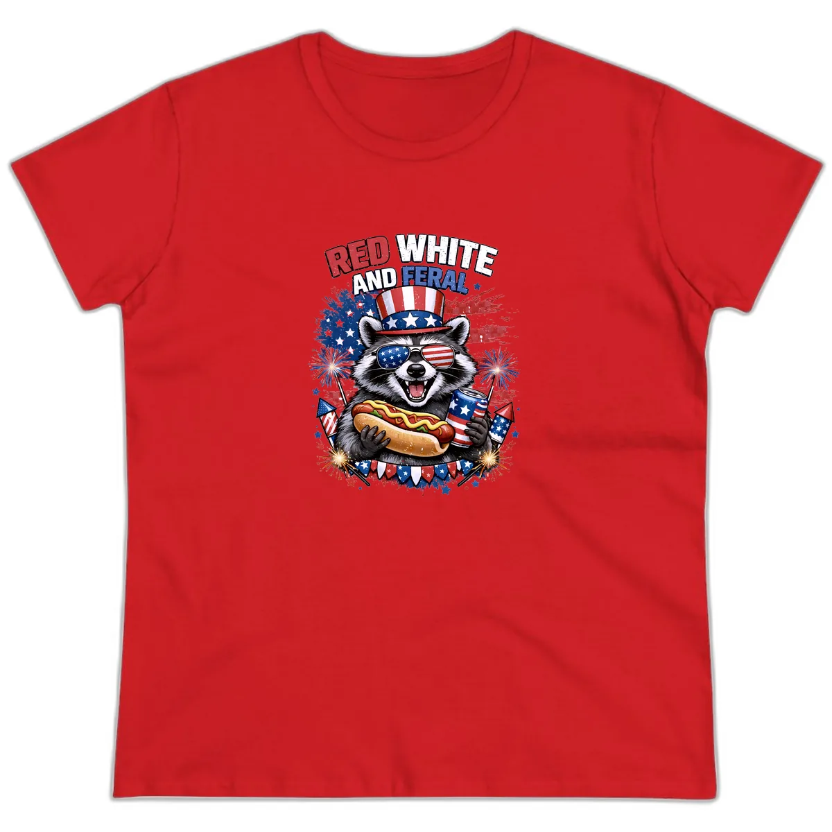 Red White and Feral Raccoon Patriotic Celebration Ladies Tee in Red