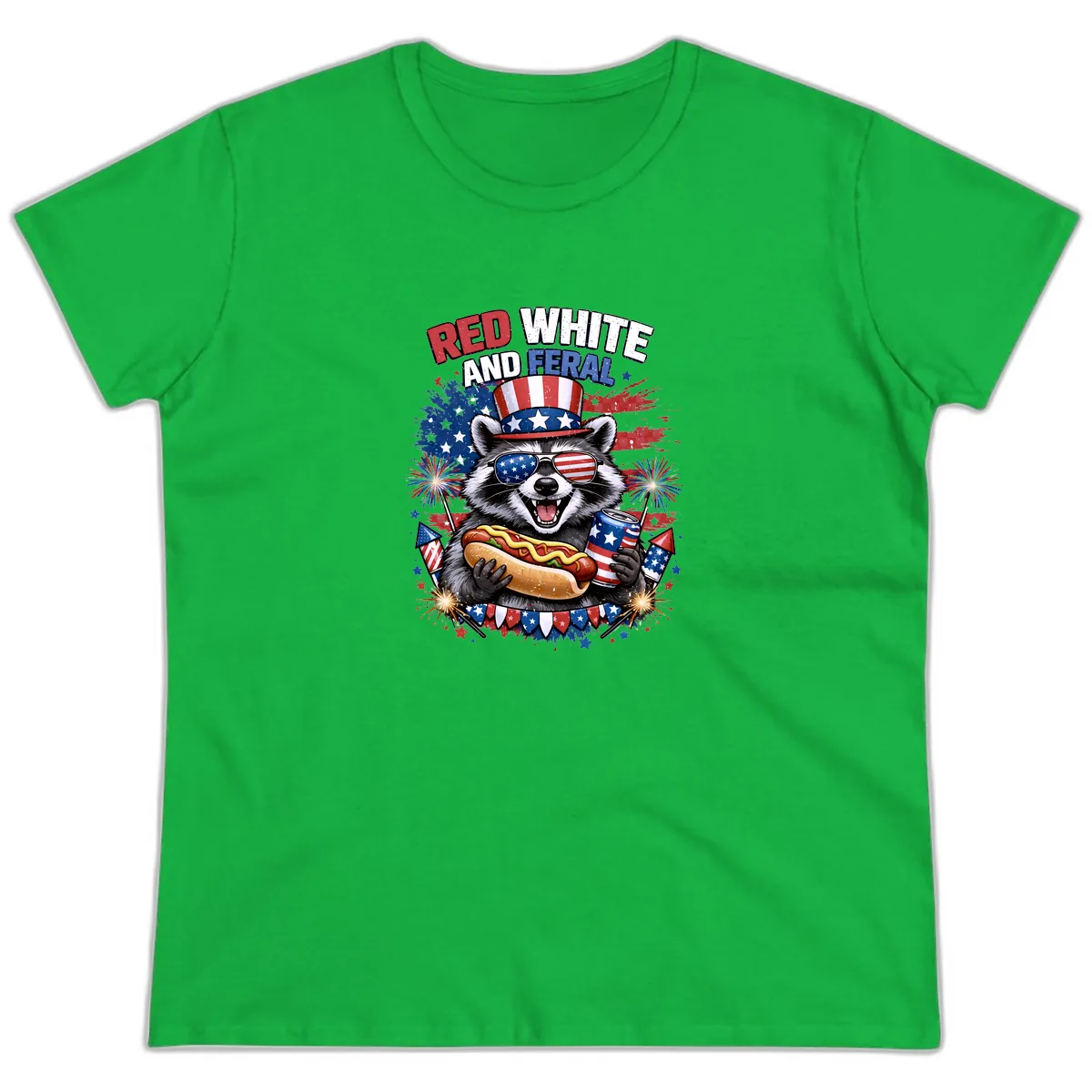 Red White and Feral Raccoon Patriotic Celebration Ladies Tee in Irish Green