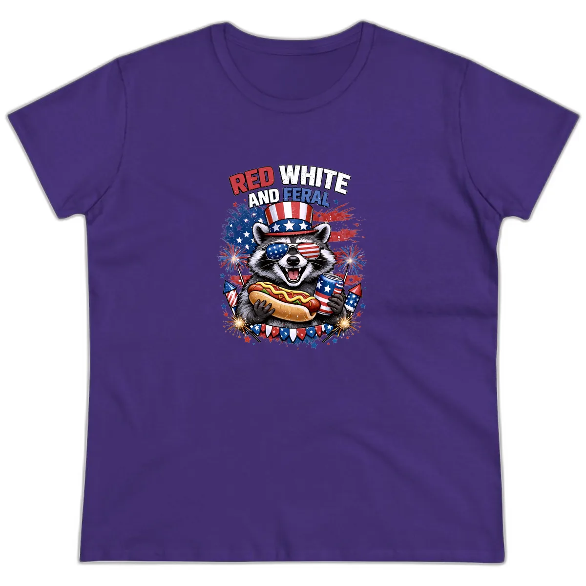 Red White and Feral Raccoon Patriotic Celebration Ladies Tee in Purple