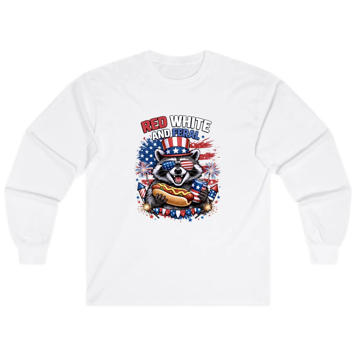 Red White and Feral Raccoon Patriotic Celebration Long Sleeve in White