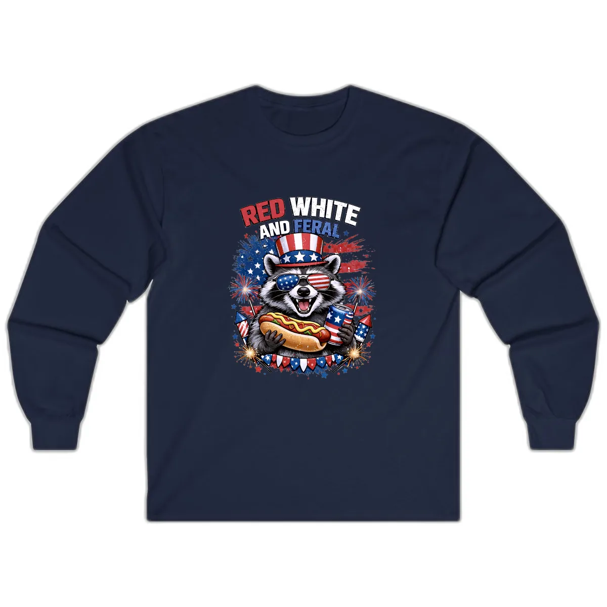 Red White and Feral Raccoon Patriotic Celebration Long Sleeve in Navy