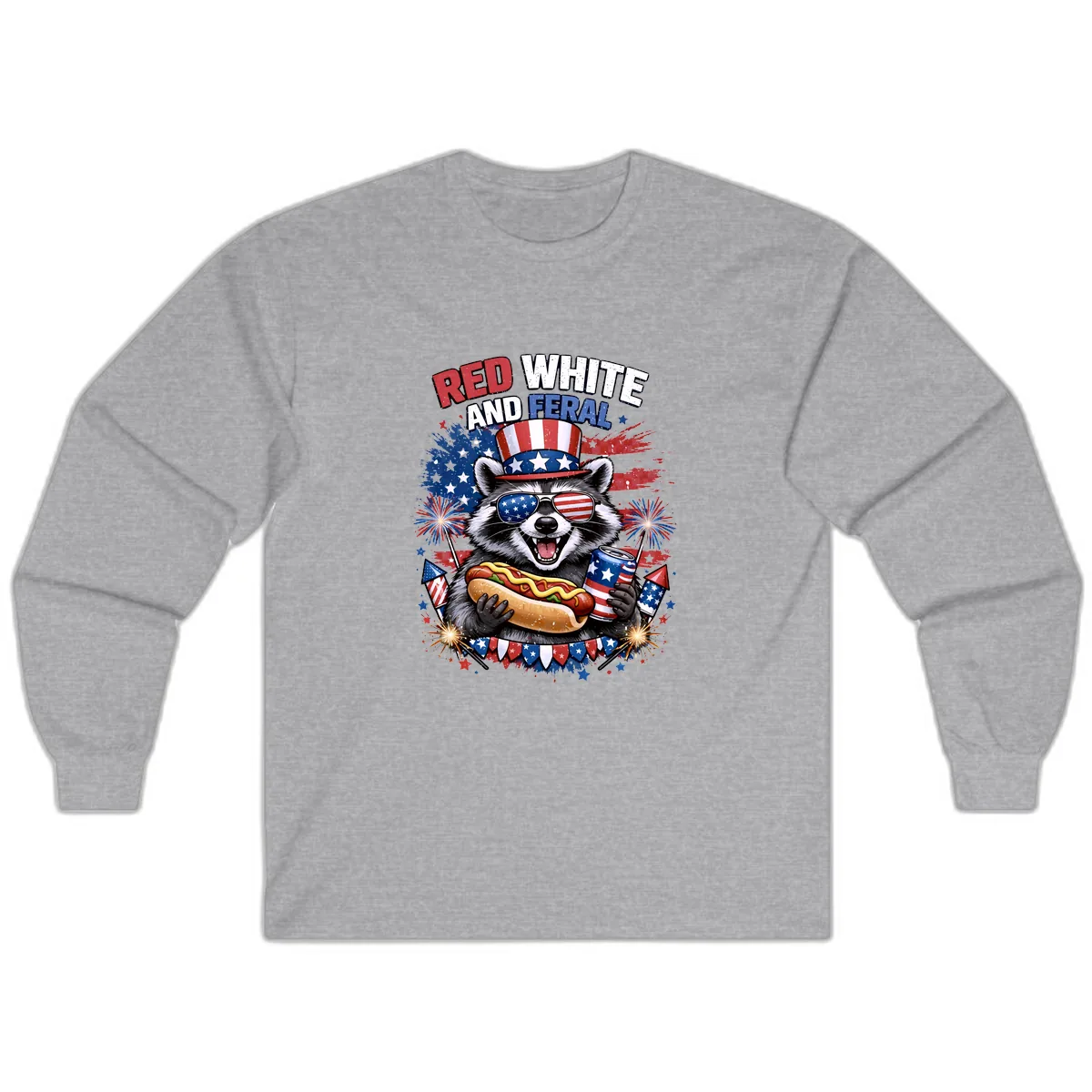 Red White and Feral Raccoon Patriotic Celebration Long Sleeve in Sport Grey