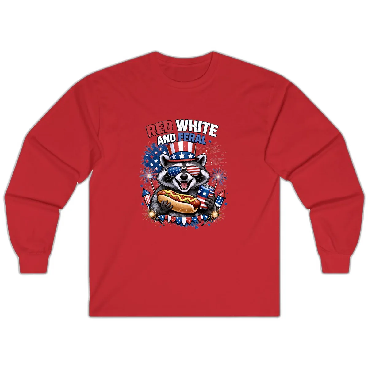 Red White and Feral Raccoon Patriotic Celebration Long Sleeve in Red